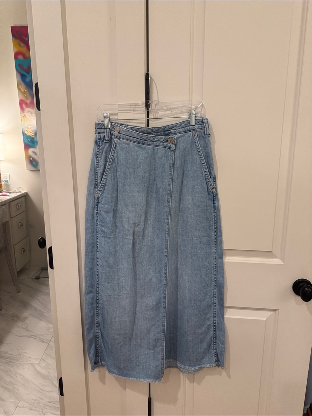 We The Free faded blue wrap-front denim midi skirt